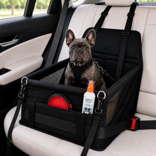 Asiento Perro Coche para Perros Pequeños y Gatos - Silla Coche Perro con Correa Interior de Seguridad, Spray Relax y Comedero de Viaje, Transportín Perro Coche Plegable para Viajes Seguros