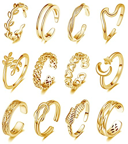 KOHOTA 12 Stück 18 Karat vergoldete verstellbare Zehenringe für Damen, Sommer, Strand, offenes Zehenring-Set, Blume, Pfeil, Schwanz, Pinky, Bandringe, Barfußschmuck, Fußschmuck, Kupfer, Platin, Gold,