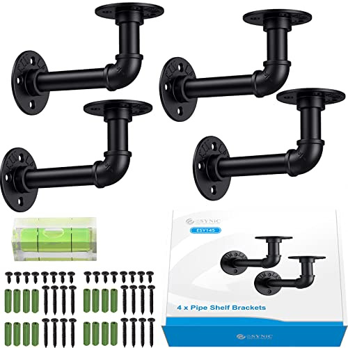 ESYNiC 4 Set di Staffe con Flange per Tubi 15 x 8 x 7 cm Mensole da Muro Stile Industriale 4 PZ Supporti per Mensola Scaffale a Parete Pipe Shelf Bracket per Mensole Galleggianti Appese - Nero
