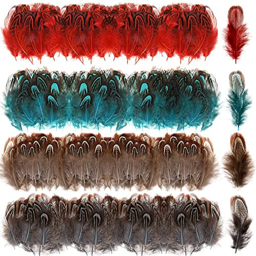 MWOOT 200 Stück Deko Federn zum Basteln, Bunt Rot Blau Braun Schwarz Bastelfeder, Klein Hahnenfeder für DIY Traumfänger Ohrringe Zeremonie Saisonale Dekoration, Party Masken Verzierungen Zubehör