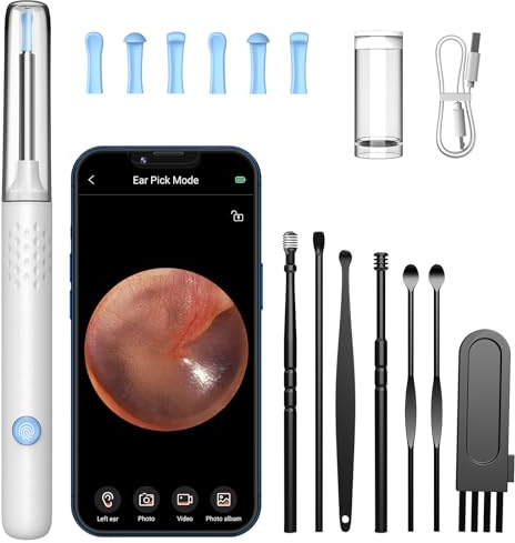 LMECHN Ear Wax Removal Kit, Earwax Remover Tool with Camera, Ear Wax Removal with 1080P, Otoscope with LED Light, Ear Camera Otoscope for iPhone, iPad, Android Phones-White