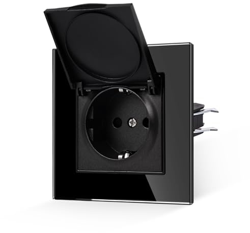 JIMEIDA Socket Glass Black with Waterproof Cover with Hook 16 Amp Schuko Socket Tempered Glass Panel Wall Socket 86 x 86 mm