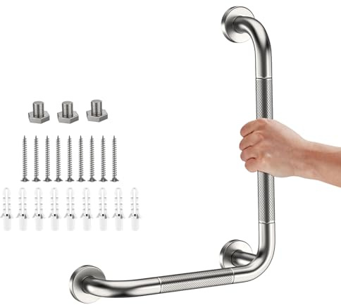 Haltegriff aus gebürstetem Nickel, 30,5 x 40,6 cm, L-förmige Haltegriffe für Dusche | Haltegriff für Senioren, Edelstahl, L-Duschgriff, rutschfester gerändelter Griff, Wandmontage, Handicap-Stangen für Toilette
