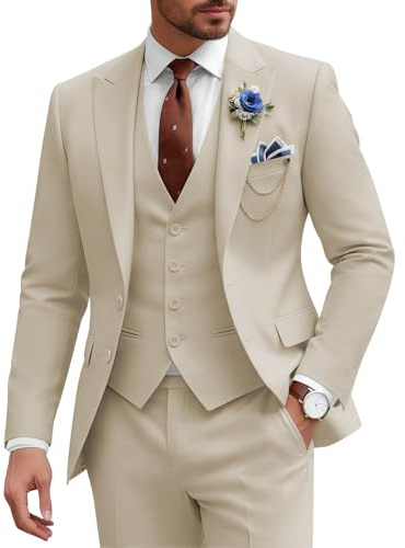 SPTALLFITJSV Mens Beige 3 Piece Suit for Wedding Beige Suits for Men Casual Men Suits Regular Fit Three Piece Pant Set Men's Attire M