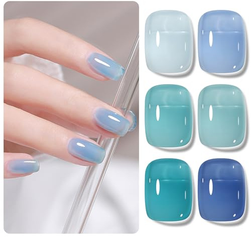 Shining She Esmaltes Semipermanentes de Uñas en Gel UV LED,6 Colores Cristal Jelly Azul Claro Azul Mentol Azul Oscuro Primavera Pintauñas Semipermanentes para Novato Nail Art DIY,8ML