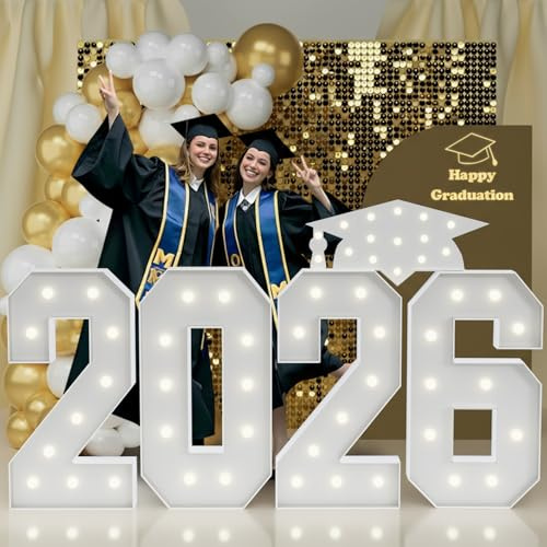 2026 Graduation Decorations Marquee Numbers: 4FT Large Light Up Numbers Grad Decorations Class of 2026 Sign for Graduation Party Preschool High School College White Foam Board Backdrop