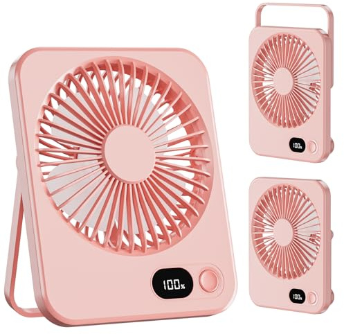 LuJasi Klein Tischventilator USB Leise Ventilator Akku 3600mAh 5 Geschwindigkeiten 180°Einstellbar Tragbarer LED Anzeige Fan Für Büro, Bibliothek, Reise Rosa