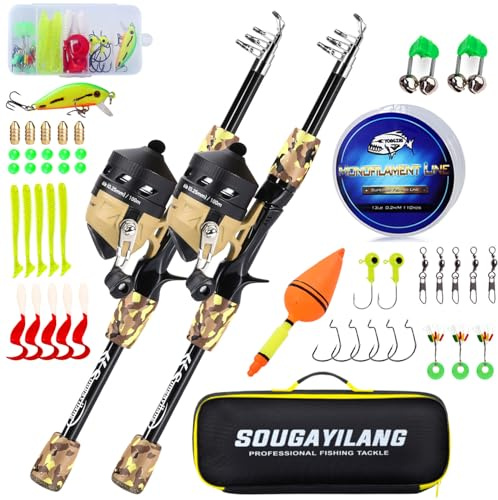 Sougayilang Kids Fishing Rod and Reel Combo,Light Weight Fishing Pole with Spincast Fishing Reel Tackle Bag Lures for Youth,Girls and Boys Good Starter Fishing Kit Reel+Rod 2pack