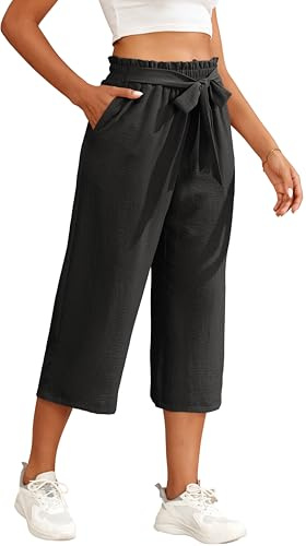 WUWUSKY Pantacourt Large Femme Taille Haute Pantalon Capri D'été Jambes Larges Fluide Élégant Décontracté avec Poches Profondes Ample Léger Respirant, Noir, XL