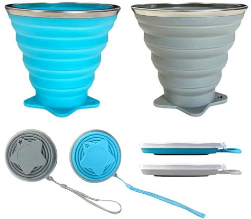 KATLKIU Lot de 2 tasses pliables en silicone 270 ml avec couvercle et crochet, verre de camping portable, randonnée, voyage, randonnée, réutilisable, duo couleur set