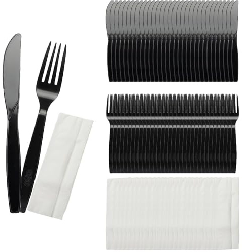90 Stück Plastikbesteck, Plastik Besteck Set, Enthalten Plastikgabeln Plastik Messer und Papiertücher Unabhängige Verpackung, für Familie Partys (Messer/Gabel/Papiertücher je 30 Stück)