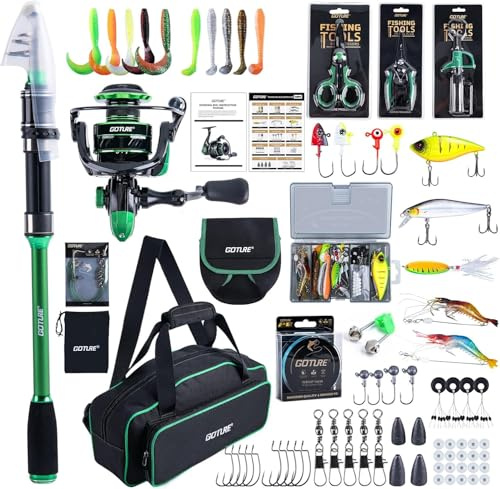 Goture Angelset mit Teleskop-Angelruten (24T Carbon),1,8m/2,1m/2,4m/2,7m I Angelrute Set Komplett 5.2:1 Spinnrolle, 150m/14kg Schnur, Köderbox & Tragetasche – für Salz-/Süßwasser, Reisen–Angelgeschenk