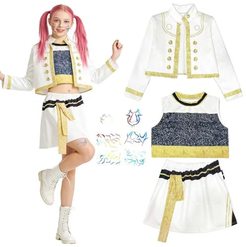 Cosplay Disfraz para niños, Disfraz de Cantante Pop con Chaqueta Pantalones Cortos Camiseta, Disfraz de Escenario para Niñas, para Cosplay, Halloween, Carnaval, Fiesta y Cumpleaños (Blanco, 140)