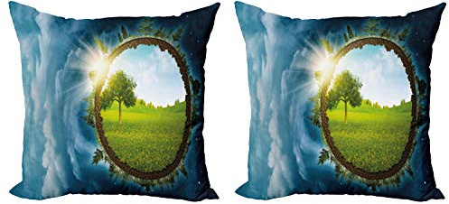 Ambesonne Earth Throw Pillow Cushion Cover Pack of 2, Circular Frame with Endless Green Landscape Infinity Clouds Space, Zippered Double-Side Digital Print Decor, 18, Green Brown Petrol Blue