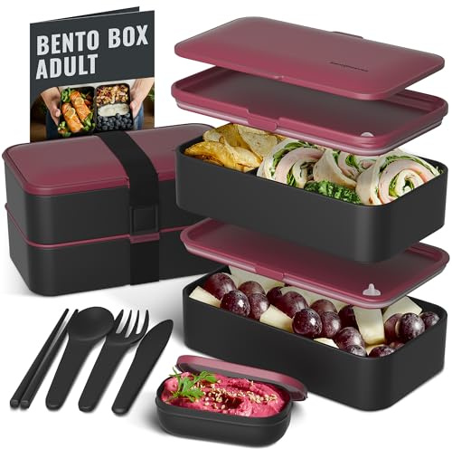Bentoheaven - Lunch Box for Adults with 2 Compartments(40 oz), Cutlery and Chopsticks Set, Large Dip Container, Cute Black Japanese Bento Box, Rectangular, Suitable for