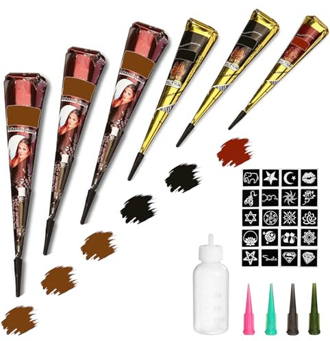 Tattoo Paste Cones, 6Pcs Semi Permanent Temporary Tattoos Kit, India Body DIY Art Painting for Women Men Teen, Summer Trend Freehand Paste with 3 Colors, 20 Adhesive Stencil, 1 Bottle, 4 Nozzles