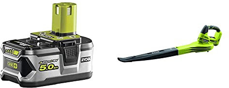 Ryobi RB18L50 ONE+ Lithium+ 5.0Ah Battery, 18 V & OBL1820S ONE+ Cordless Blower, Air Speed (Zero Tool), 245 km/h, 18 V, Hyper Green and Grey