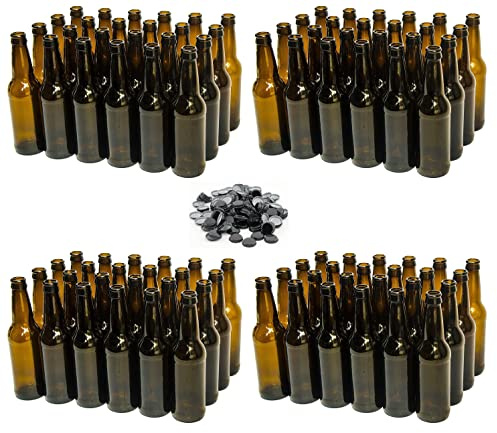 North Mountain Supply 12 Ounce Long-Neck Amber Beer Bottles - 96 Bottles (4 Cases of 24) - Includes 250 Crown Caps