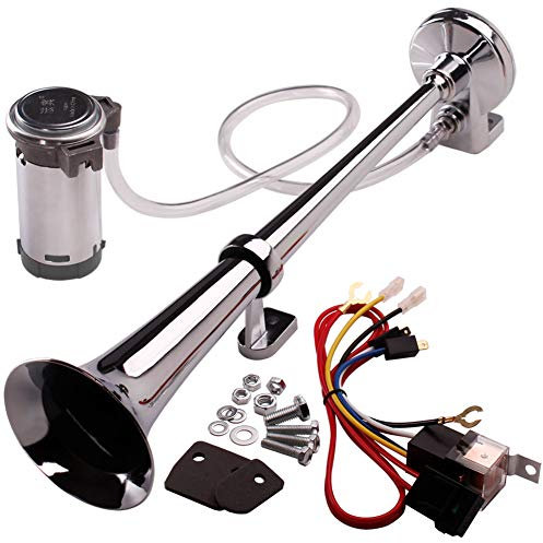FARBIN 24V 150db Zug Luft Horn Super Loud 18 Zoll Chrom Zink Einzelne Trompete LKW Luft Horn Kit mit Kompressor und Kabelbaum für Alle 24V Fahrzeuge (24V, Einzelrohr Luft horn)