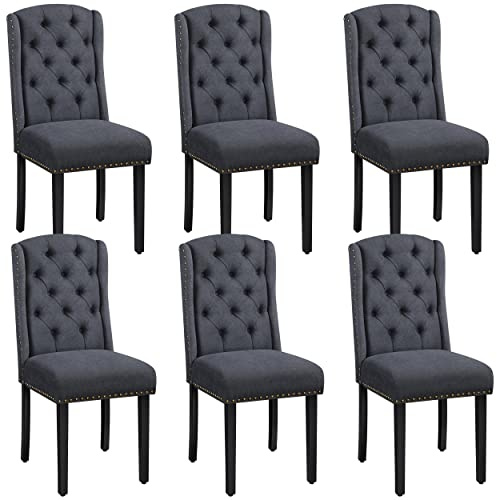 Yaheetech Lot de 6 Chaises de Salle à Manger en Tissu Effet Lin Design Classique Boutonné Ensemble de Chaises de Cuisine Rembourrées avec Pieds en Bois Massif Garniture Clou Dorés Gris