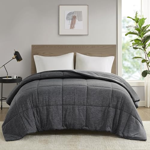 Urban Habitat Queen Comforter Set, Cozy Soft Jersey Knit Bedding, Box Quilting & Heathered Design, Cool to Touch, Lightweight All Seasons Down Alternative Bed Set, Full/Queen Black 4 Piece