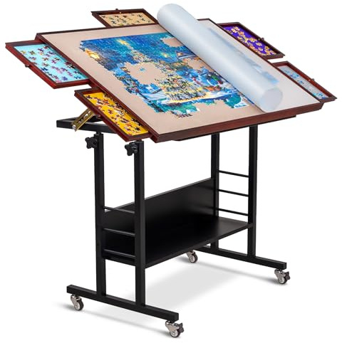 Becko US 1500 Piece Tilting Puzzle Table with 5 Drawers & Cover, Adjustable Puzzle Board with 5 Tilt Angle & Height Adjustment, Portable Jigsaw Tables for Adults, Easy to Move, for 1500 Piece Puzzles