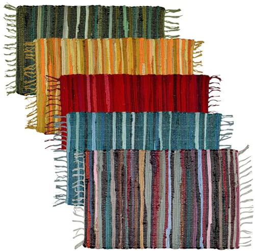 MARRAKESCH - Set di 5 tappeti in tessuto a mano in cotone Rug piccolo, 50 x 90 cm, motivo a strisce boho in cotone con frange, per soggiorno, cucina, corridoio
