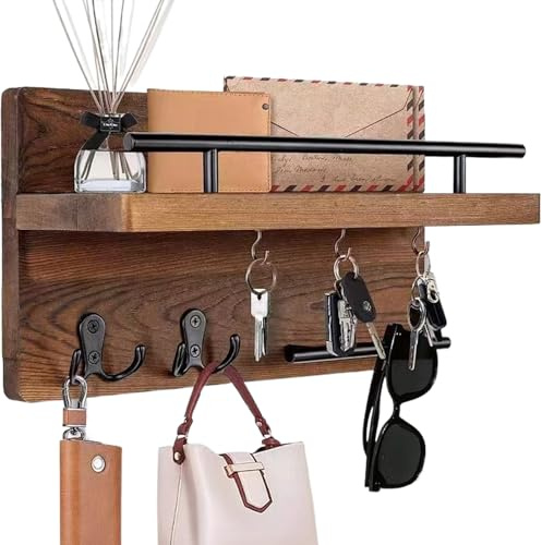 Soporte de pared para llaves, estante de pared vintage de madera, colgador de almacenamiento de llaves con estante flotante, panel organizador decorativo, accesorio multiusos para el hogar, entrada