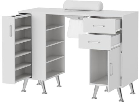 MegaChoice White Manicure Table with Dust Collector, 42 Corner Nail Desk for Nail Tech with Pull-Out Polish Display Rack Arm Rest, Acetone Resistant Top, Drawers and Storage Cabinet