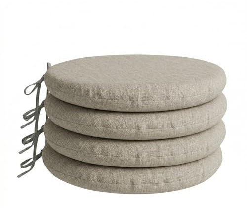 PIND Pack 4 Cojines Redondos para Sillas 40x40 con Relleno de Espuma, Funda Efecto Lino Transpirable con Lazos de Sujeción. Ideal para Sillas de Cocina, Terraza, Oficina. (4, Beige)