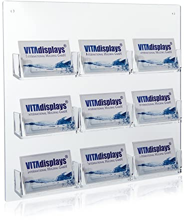 Hochwertiger, glasklarer Visitenkartenhalter - Made in Germany - aus original PLEXIGLAS mit 9 Fächern zur praktischen Wandmontage. Optimal als Visitenkarten-Display für Gastronomie, Laden, Messe, Büro