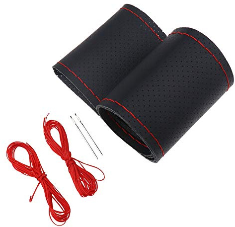 OTOTEC Lenkradbezug-Set für Auto, selbstgestrickt, weiches Leder, gestanzt, 37–38 cm, mit Nadeln und Fäden