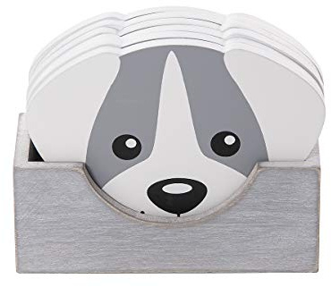 SPOTTED DOG GIFT COMPANY Juego de Posavasos de Madera con Soporte, 6 Piezas Posavasos Diseño de Perro para Bebidas Vasos Tazas, Decoración de Cocina Hogar, Regalos para Amantes de los Perros