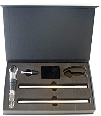 Enfriador de vino por varilla de acero inox, con aireador y decantador antigoteo con tapón.Kit de 2 varillas, decantador con tapón, bolsa y cortacápsulas en elegante caja negra con cierre por imanes.