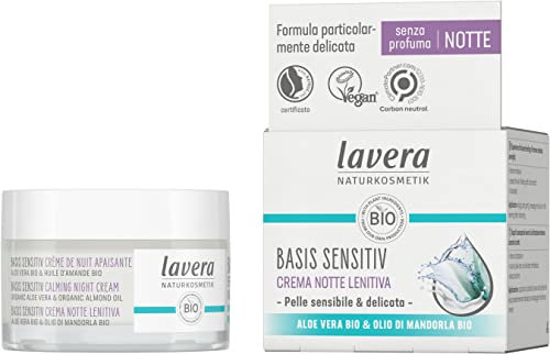 lavera basis sensitiv Calming Night Cream - Naturkosmetik - vegan - Bio Aloe Vera & Bio Mandelöl - feuchtigkeitsspendend - Gesichtscreme - Nachtpflege - ohne Parfüm - 1 x 50 ml