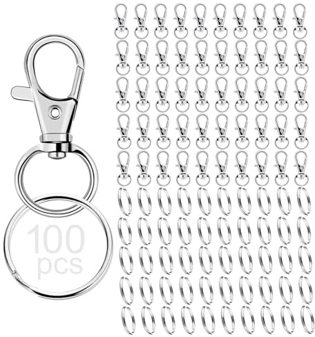 RUBY 100 Stück Schlüsselanhänger Karabiner Edelstahl Drehgelenk Karabinerhaken Klein mit Schlüsselringe Karabiner Schlüsselanhänger Selber Machen Basteln (Silber)