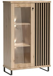 MINIO go for it - Vitrine mit Lamellen Mali, 86,4 x 141,9 x 40,6 cm, Vitrinenschrank mit Glas Türen, für das Wohnzimmer, Glasvitrine, mit Metallfüßen, mit LED-Beleuchtung - Artisan Eiche/Schwarz