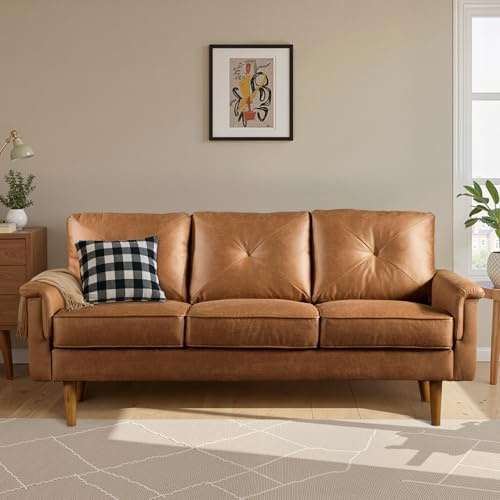 ovios Luxury 3 Seater Sofa with Faux Leather,Mid-Century Modern Couch with Comfortable Armrest,Comfy Couches with Deep Seat,Small Sofas for Living Room Bedroom (Light Brown)