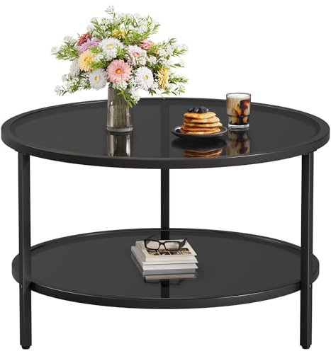 SAYGOER 27.6'' Round Coffee Table 2 Tier Black Glass Coffee Tables with Storage Shelf for Large or Small Space Modern Simple Sofa Table for Living Room Home Office, Easy Assembly…