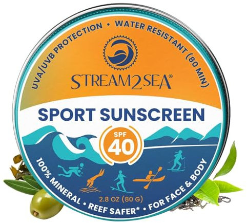 STREAM2SEA Sunscreen Balm in Tin, SPF40 Reef Safe Mineral, Face & Body Biodegradable, Natural Organic Unscented Travel Size Reef Safe with Zinc Oxide, 80 g