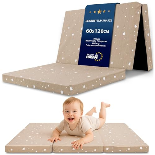 Vikbar madrass hopfällbar resebädd babymadrass 60x120 cm - Hopvikbar madrass för barn gästmadrass vikbar babymadrass golvmadrass sovmadrass och resemadrass Beige med vita stjärnor