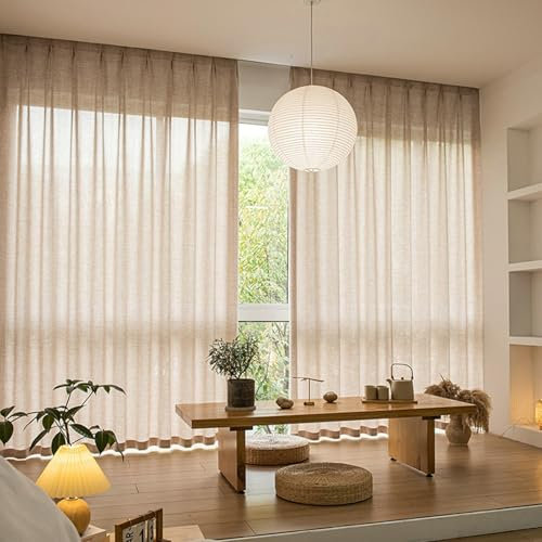 Whoiy Vorhänge Transparent Schlafzimmer Leichter Kaffee mit Ösen 138 cm Lang, Einfarbig Fenster Voile Gardienen Leinen 2 Stück Ösenvorhang für Wohnzimmer, H 138 x B 96 cm