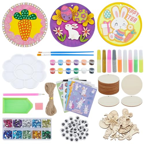 WEBEEDY 20 Sets Ostern Hölzerne Kunsthandwerk Kit für Erwachsene Anfänger, Glühen in der Dunkelheit Hölzerne Malerei Kit, Ostereier Kaninchen DIY Holz Handwerk Kit mit 8cm Holzscheiben Wand hängend