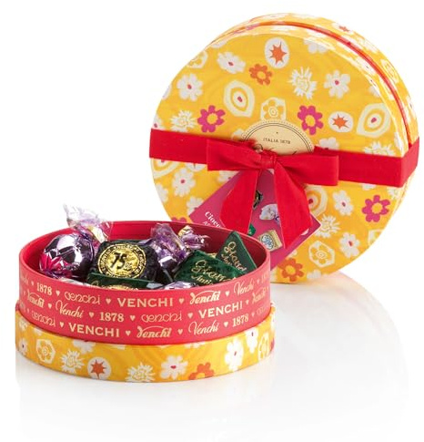 Venchi - Sombrerera con 14 Bombones Surtidos, Sabor Gianduia, Extra Oscuro y Caramelo con Avellana Piamonte, Sin Gluten, Caja Regalo Colección Primavera de 200 gr, Idea de Regalo