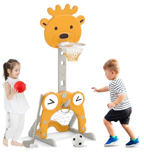 GYMAX Kids Basketball Hoop and Stand, 4 in 1 Height Adjustable Basketball Stand with Football Goal, Golf Set&Ring Toss, Sports Activity Center for 3 Years Old+ (Deer-shaped, 52 x 55 x 115-150 cm)