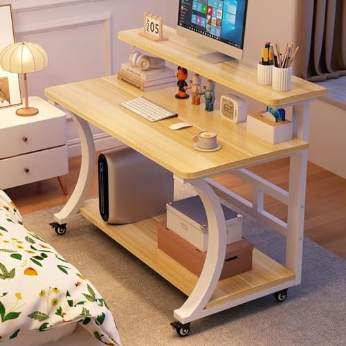 Carrito de escritorio móvil para computadora con estante de almacenamiento, estación de trabajo portátil con ruedas para sofá y cama, escritorio industrial de espacio pequeño, patas blancas naturales