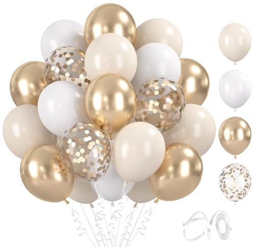 BlooMoo 60 Stück Luftballons Beige Weiß, 12 Zoll Latex Luftballons Champagner Gold, Metallic Ballons und Konfetti Ballons Set, für Geburtstag Hochzeit Babyparty Party Dekoration