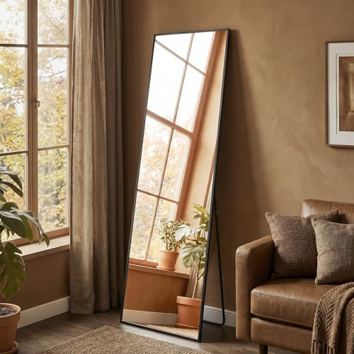 SONGMICS Full Length Mirror, Rectangle Full Body Floor Mirror with Stand, Aluminium Alloy Frame, Tempered Glass, for Bedroom, Living Room, Cloakroom, Square Corner, 150 x 40 cm, Matte Black LFM054BD01