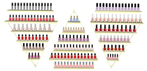 HUSPOO Estantería de pared de 5 niveles para esmalte de uñas, estante triangular metálico, montaje en pared, estante de pared dorado para esmalte de uñas, aceites esenciales y perfume, organizador de