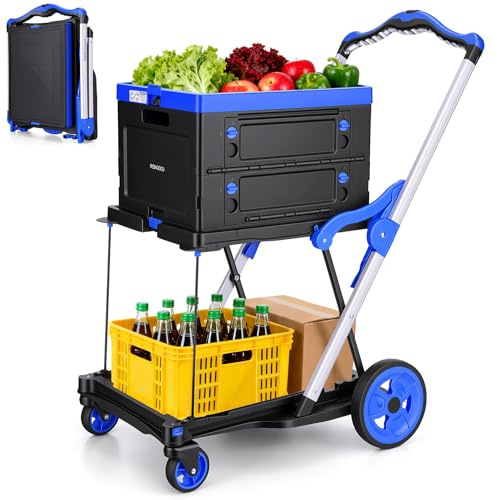 Collapsible Shopping Cart with Wheels Multi use Functional Collapsible Carts Mobile Folding Trolley, Collapsible Hand Truck and Dolly, Grocery Cart with Storage Crate Platform Hand Truck(Blue)
